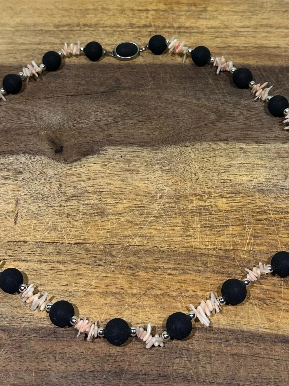 Light pink stone shell & lava rock round bead Necklace 18in Hook Clasp